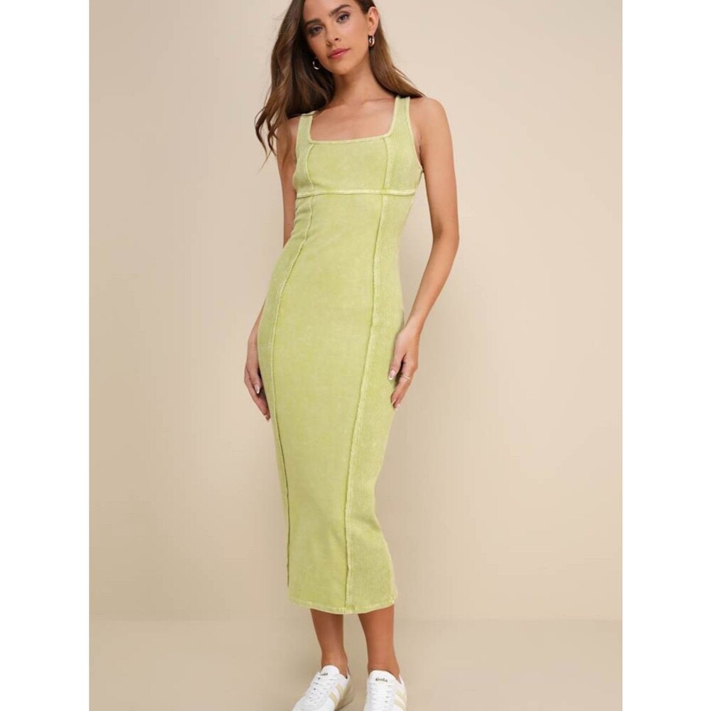 NWT Lulus Memorable Instinct Lime Green Washed Ribbed Paneled Midi Dress Small